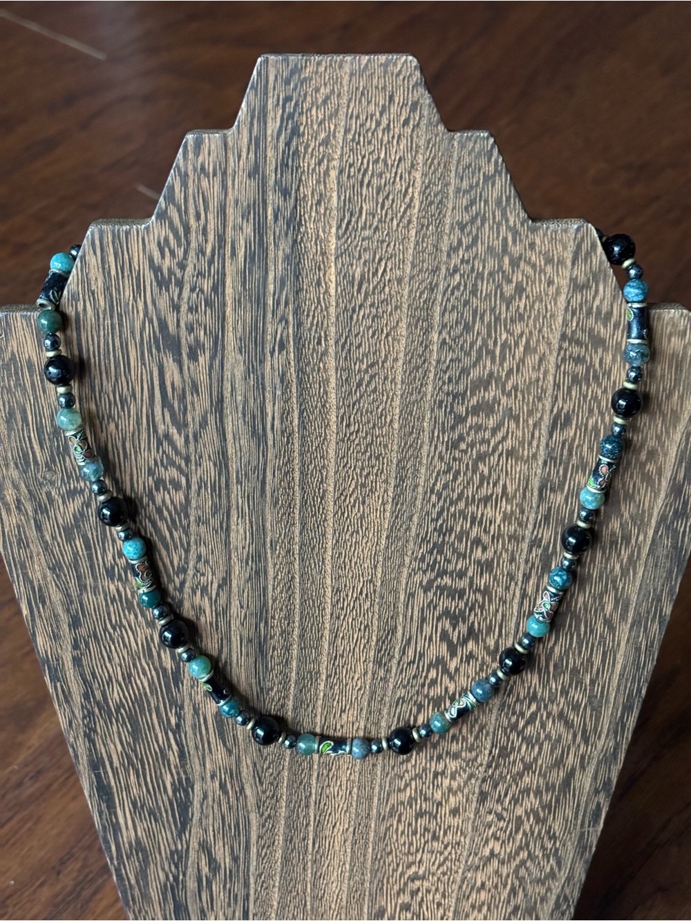 Vintage Jade Onyx Hematite Necklace | Cloisonné Bead Gold Clasp | 18 IN - Picture 3 of 6